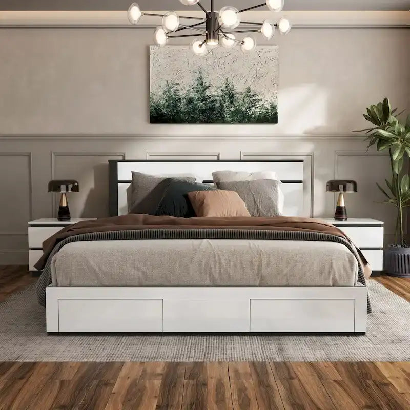 Lit plateforme blanc contemporain très lustré avec tiroirs de rangement