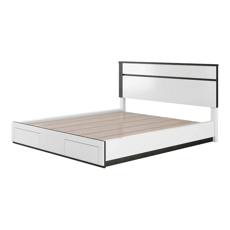 Lit plateforme blanc contemporain très lustré avec tiroirs de rangement