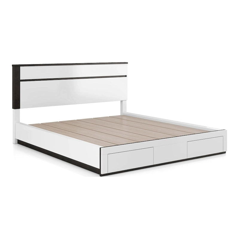 Lit plateforme blanc contemporain très lustré avec tiroirs de rangement