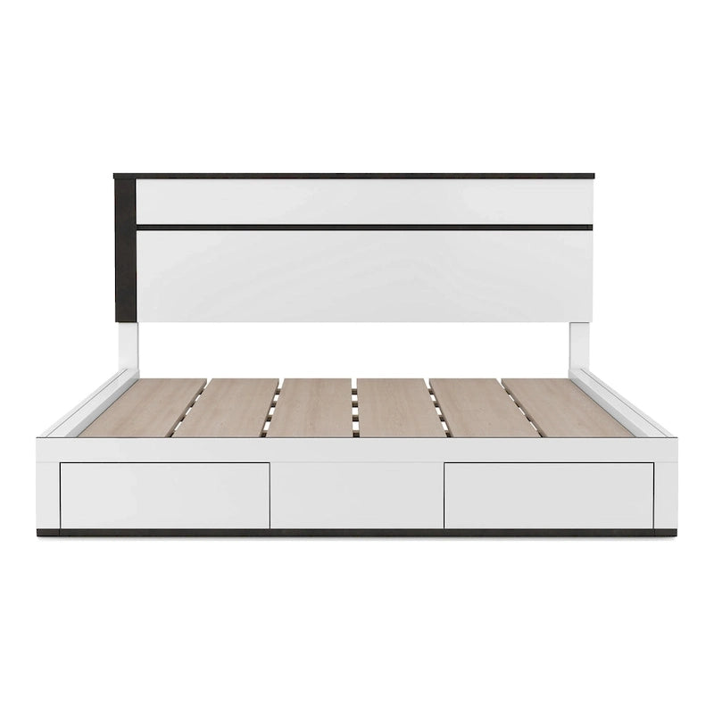 Lit plateforme blanc contemporain très lustré avec tiroirs de rangement