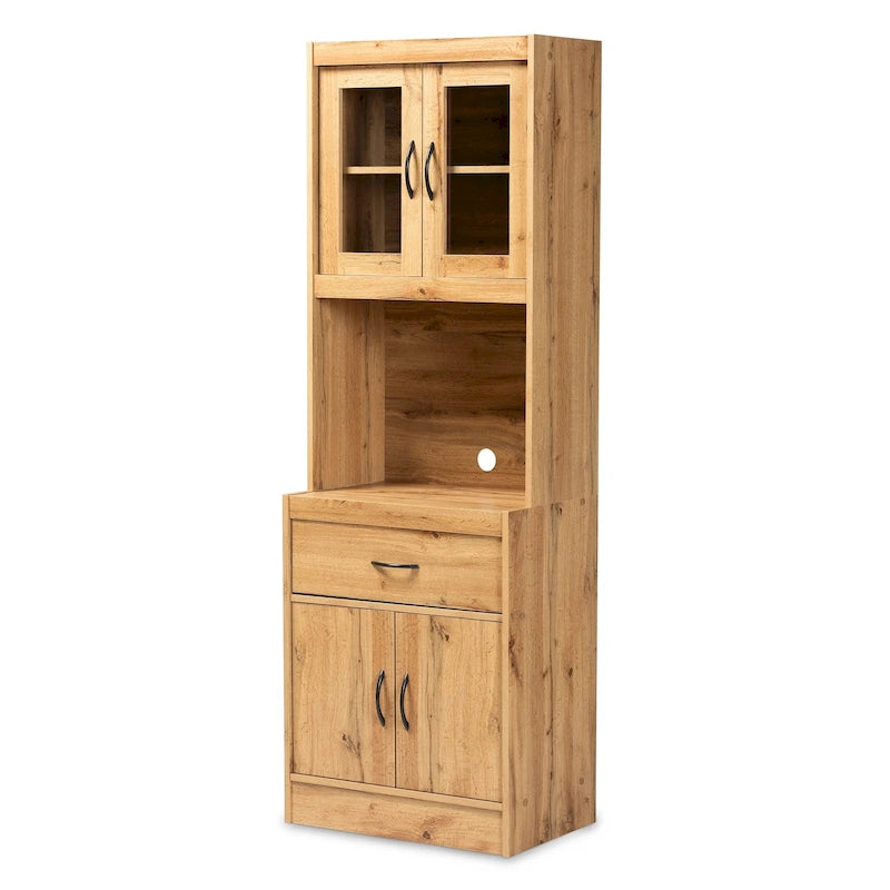 Meuble de cuisine moderne en bois couleur chêne avec portes vitrées et tiroir de rangement