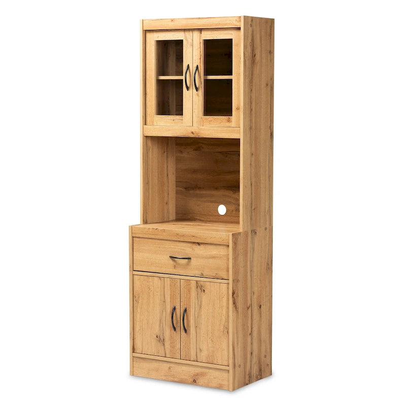Meuble de cuisine moderne en bois couleur chêne avec portes vitrées et tiroir de rangement