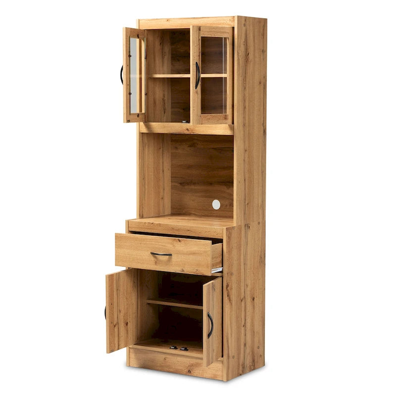 Meuble de cuisine moderne en bois couleur chêne avec portes vitrées et tiroir de rangement