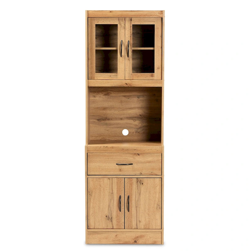 Meuble de cuisine moderne en bois couleur chêne avec portes vitrées et tiroir de rangement