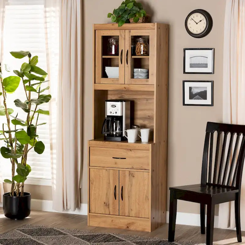 Meuble de cuisine moderne en bois couleur chêne avec portes vitrées et tiroir de rangement