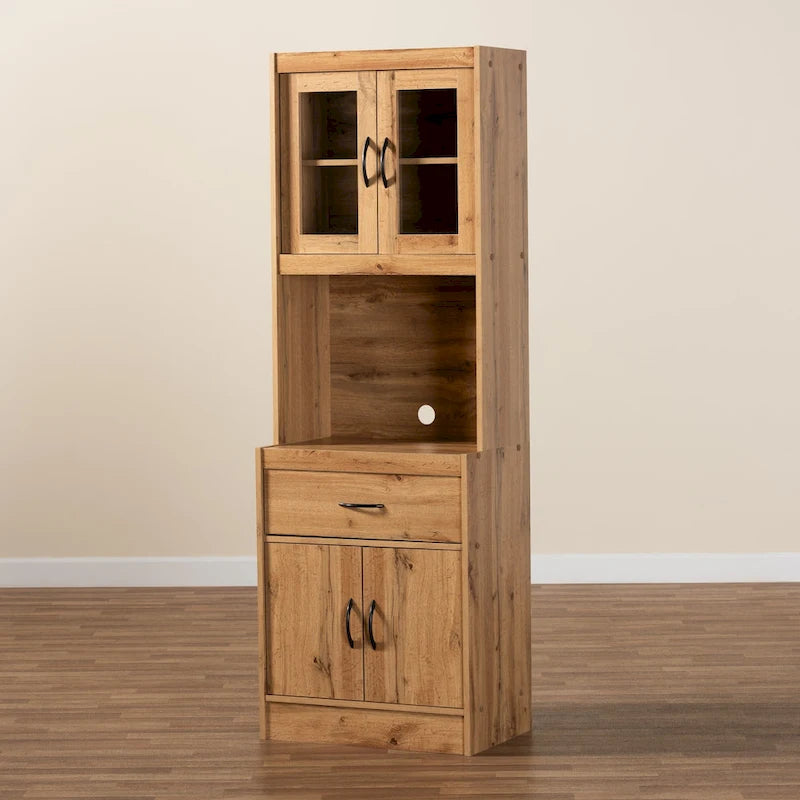 Meuble de cuisine moderne en bois couleur chêne avec portes vitrées et tiroir de rangement