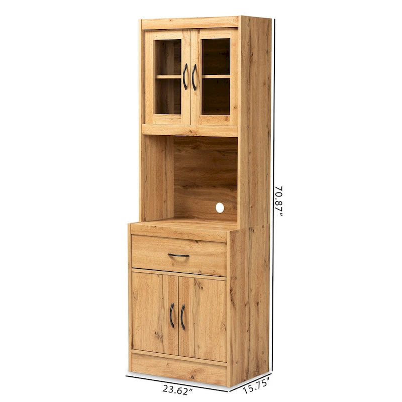 Meuble de cuisine moderne en bois couleur chêne avec portes vitrées et tiroir de rangement