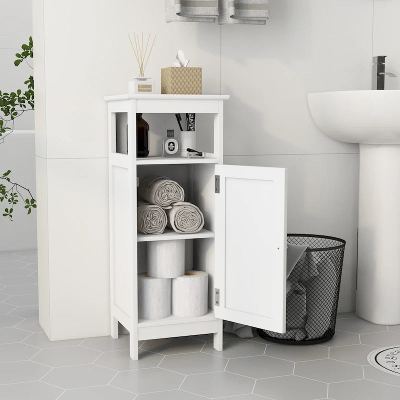 Meuble de rangement blanc à porte simple avec étagère réglable et dessus ouvert