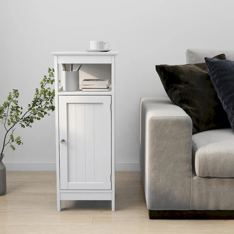 Meuble de rangement blanc à porte simple avec étagère réglable et dessus ouvert
