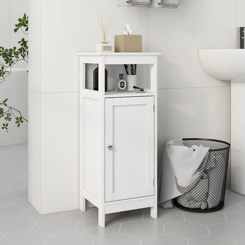 Meuble de rangement blanc à porte simple avec étagère réglable et dessus ouvert