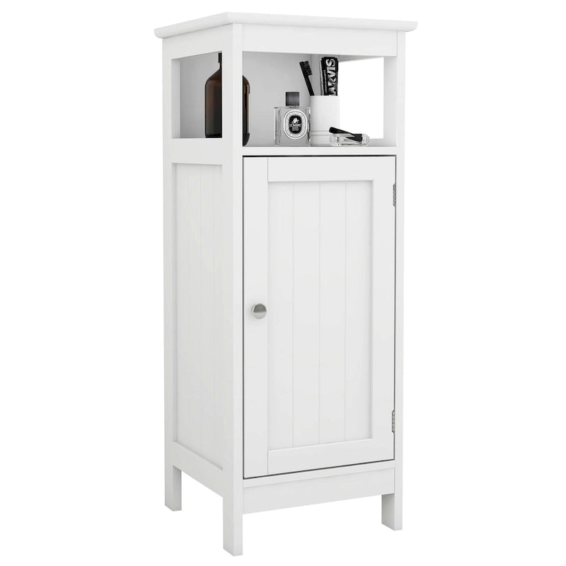 Meuble de rangement blanc à porte simple avec étagère réglable et dessus ouvert