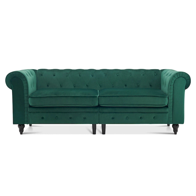 Canapé Chesterfield en velours vert avec capitonnage profond et pieds en chêne