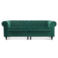 Canapé Chesterfield en velours vert avec capitonnage profond et pieds en chêne