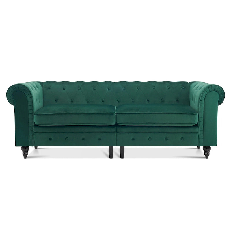 Canapé Chesterfield en velours vert avec capitonnage profond et pieds en chêne