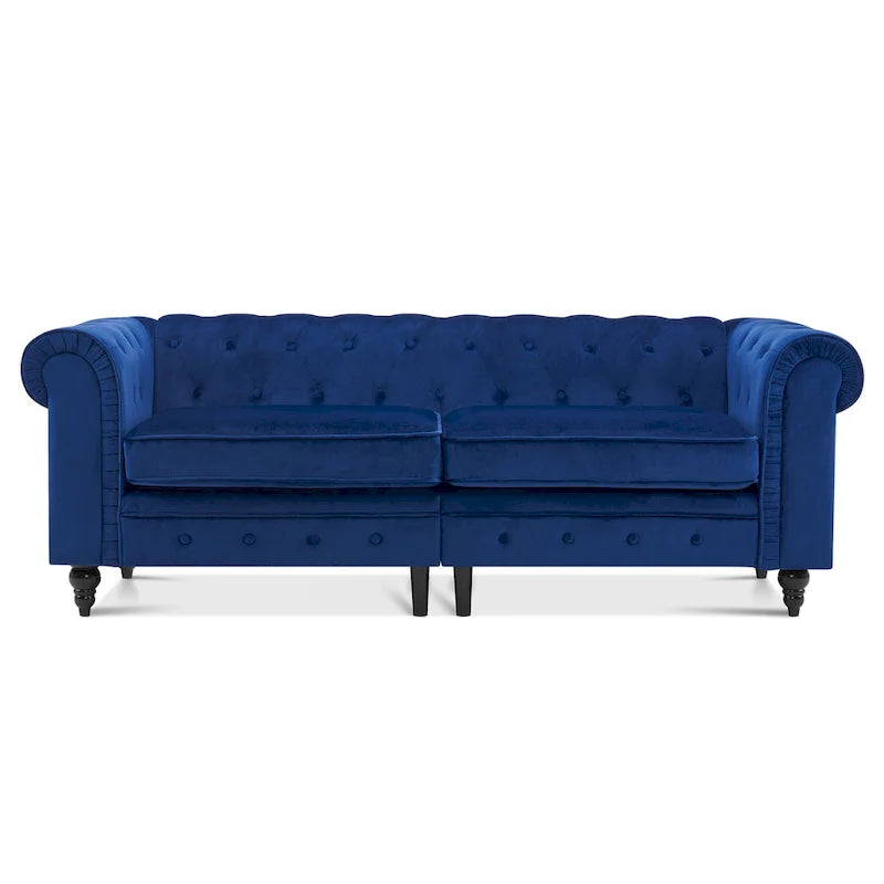 Canapé Chesterfield en velours vert avec capitonnage profond et pieds en chêne