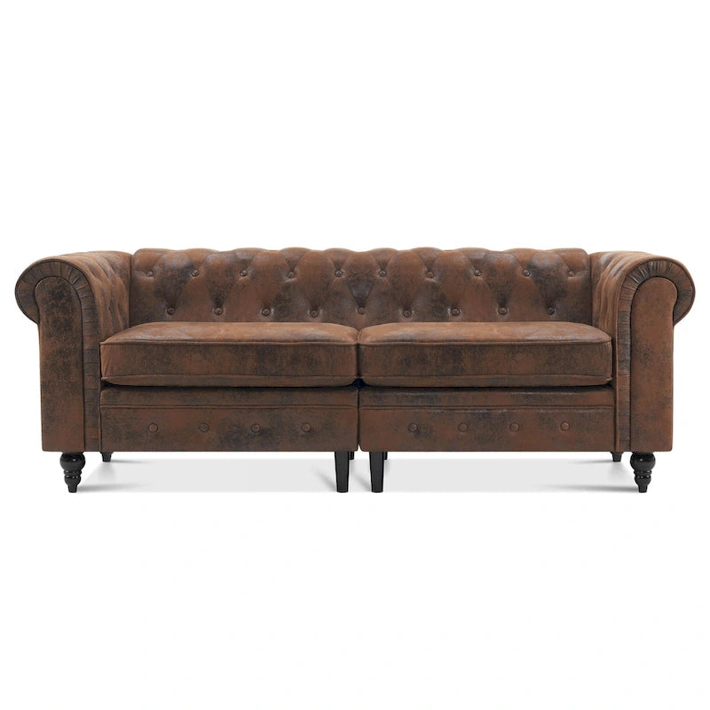 Canapé Chesterfield en velours vert avec capitonnage profond et pieds en chêne