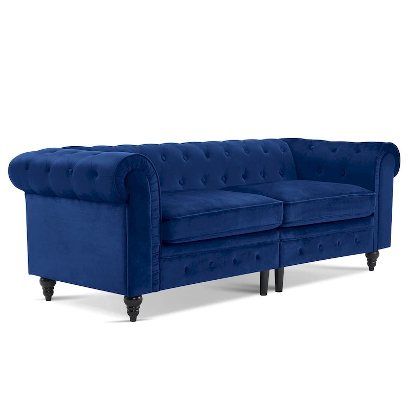 Canapé Chesterfield en velours vert avec capitonnage profond et pieds en chêne