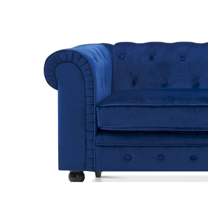 Canapé Chesterfield en velours vert avec capitonnage profond et pieds en chêne