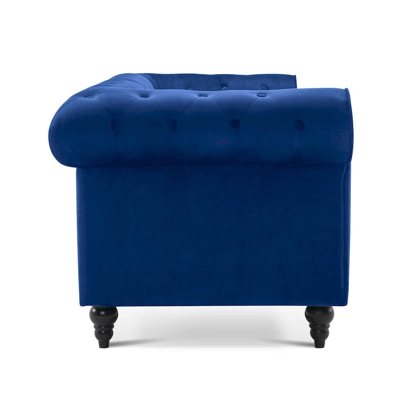 Canapé Chesterfield en velours vert avec capitonnage profond et pieds en chêne