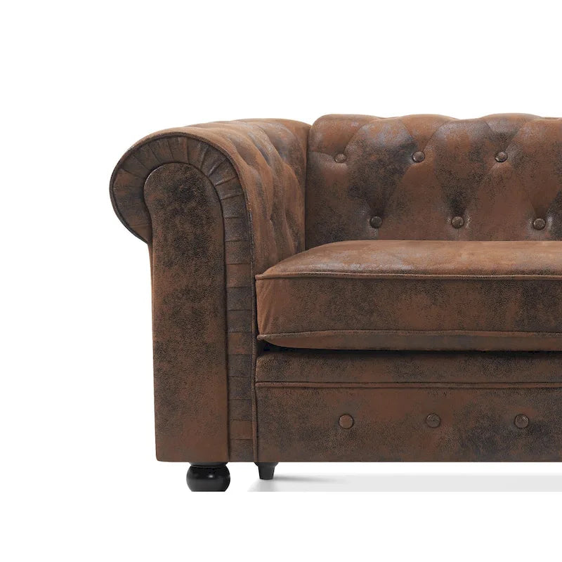 Canapé Chesterfield en velours vert avec capitonnage profond et pieds en chêne