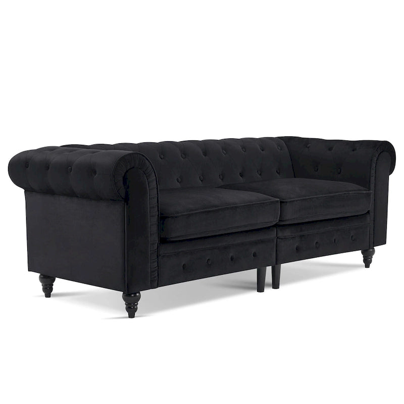 Canapé Chesterfield en velours vert avec capitonnage profond et pieds en chêne
