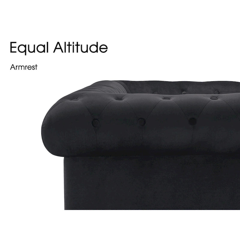 Canapé Chesterfield en velours vert avec capitonnage profond et pieds en chêne
