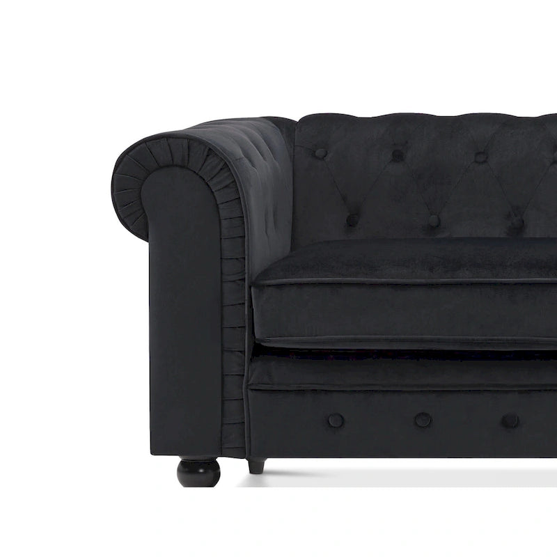Canapé Chesterfield en velours vert avec capitonnage profond et pieds en chêne