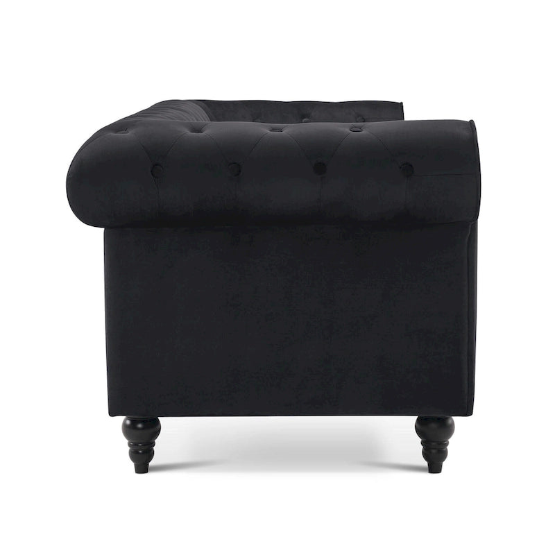 Canapé Chesterfield en velours vert avec capitonnage profond et pieds en chêne