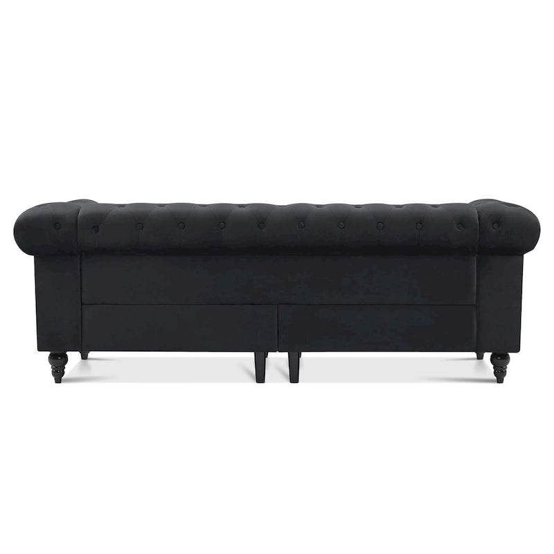 Canapé Chesterfield en velours vert avec capitonnage profond et pieds en chêne
