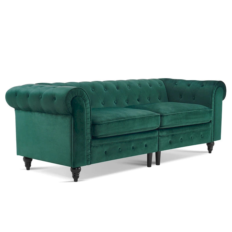 Canapé Chesterfield en velours vert avec capitonnage profond et pieds en chêne