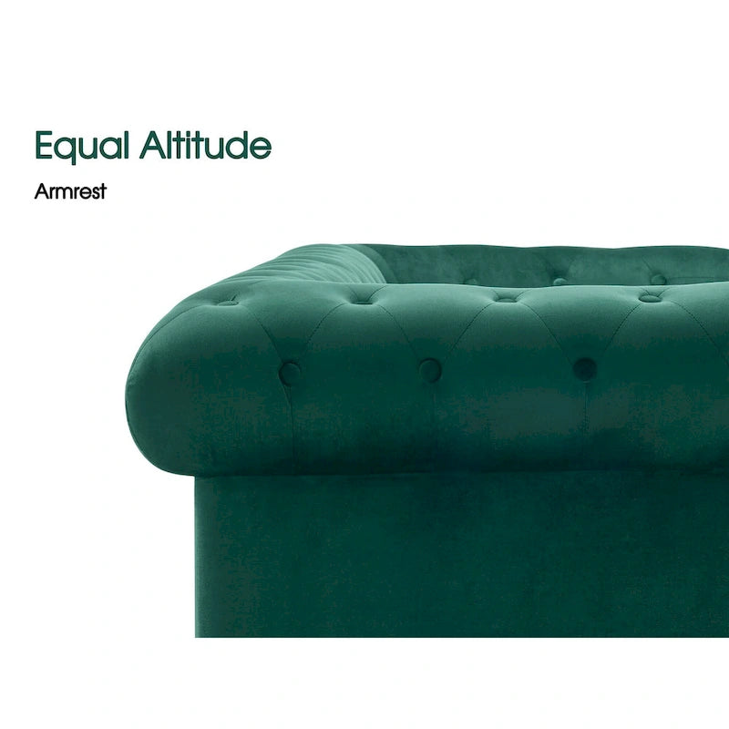 Canapé Chesterfield en velours vert avec capitonnage profond et pieds en chêne