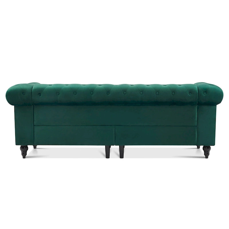 Canapé Chesterfield en velours vert avec capitonnage profond et pieds en chêne