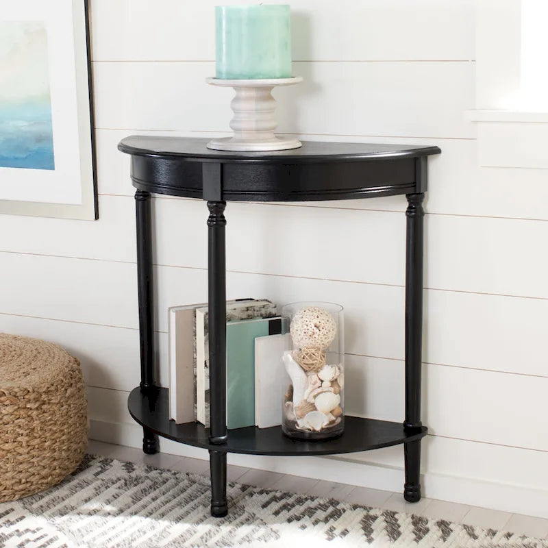 Console demi-lune avec étagère inférieure et pieds tournés