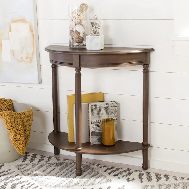 Console demi-lune avec étagère inférieure et pieds tournés
