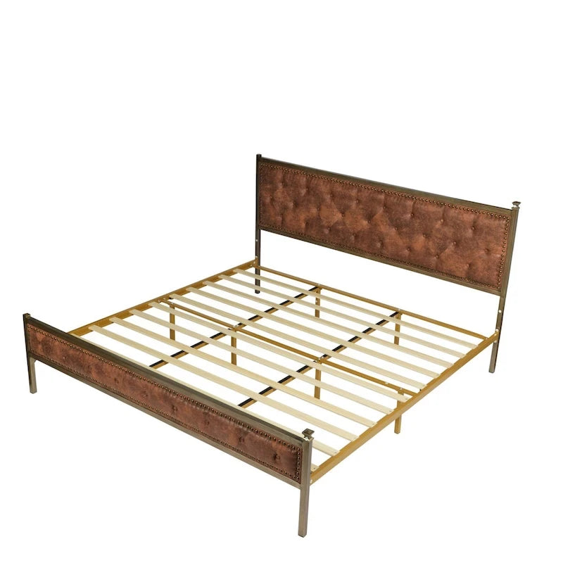 Cadre de lit plateforme rembourré Tête de lit capitonnée Clous métalliques dorés Beige