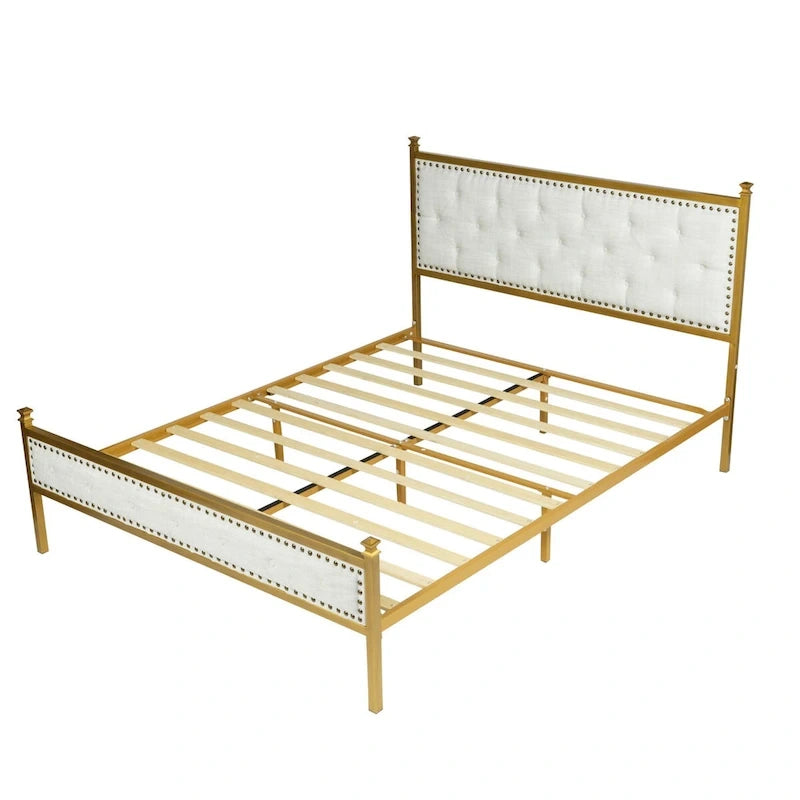 Cadre de lit plateforme rembourré Tête de lit capitonnée Clous métalliques dorés Beige