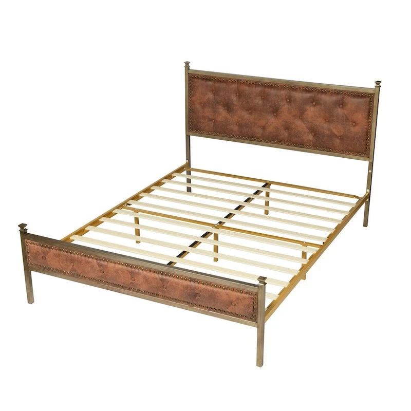 Cadre de lit plateforme rembourré Tête de lit capitonnée Clous métalliques dorés Beige