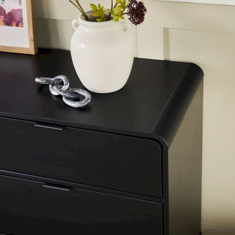 Commode à 6 tiroirs en bois massif à plateau courbé avec poignées en métal noires