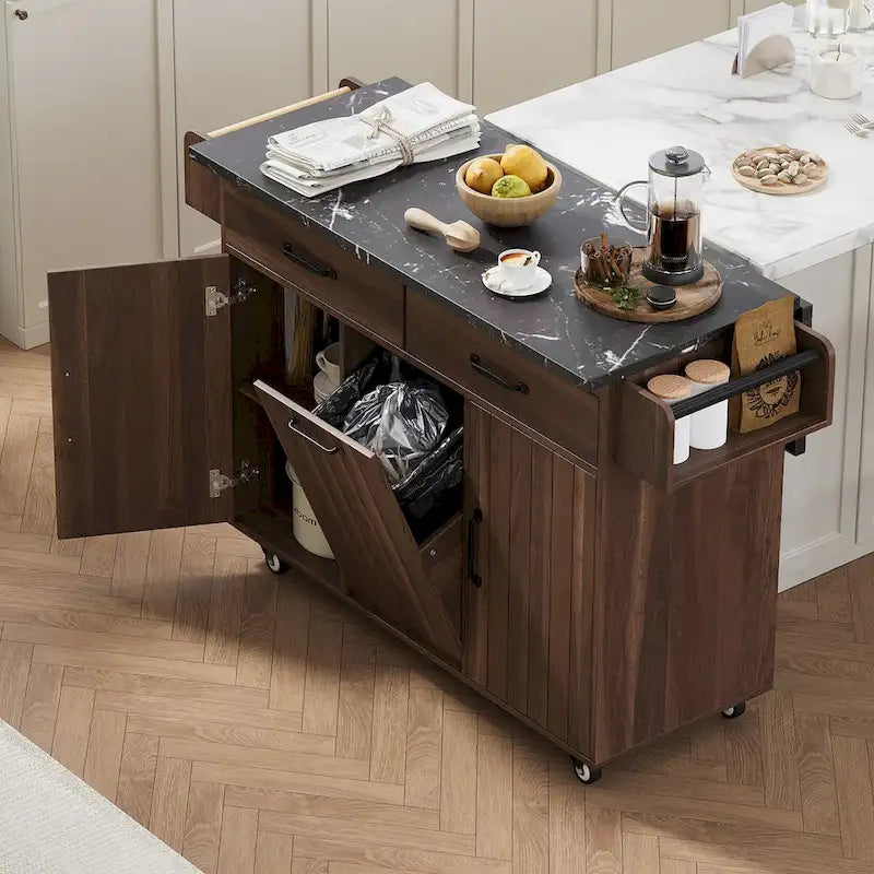 Dessert roulante avec poubelle basculante et armoire marron noyer
