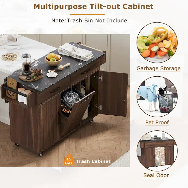 Dessert roulante avec poubelle basculante et armoire marron noyer