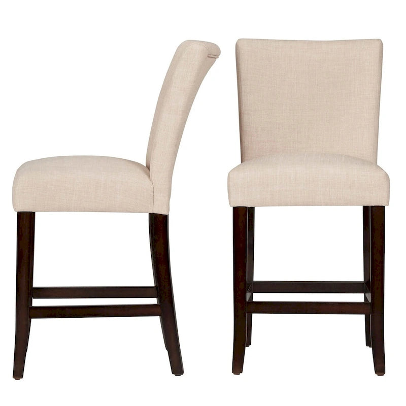 Tabouret de comptoir haut capitonné, cadre en bois massif, tissu en lin beige