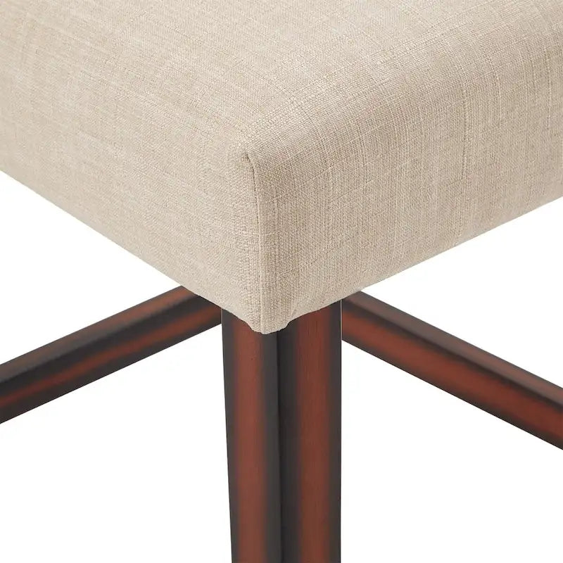 Tabouret de comptoir haut capitonné, cadre en bois massif, tissu en lin beige