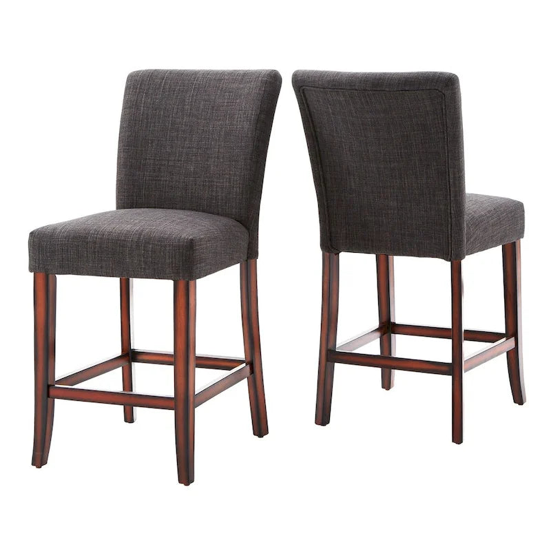 Tabouret de comptoir haut capitonné, cadre en bois massif, tissu en lin beige