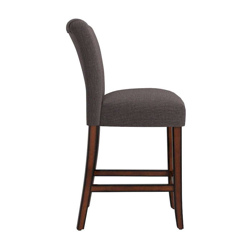 Tabouret de comptoir haut capitonné, cadre en bois massif, tissu en lin beige
