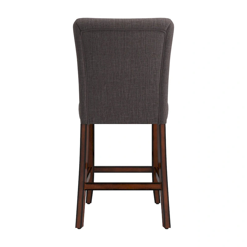 Tabouret de comptoir haut capitonné, cadre en bois massif, tissu en lin beige