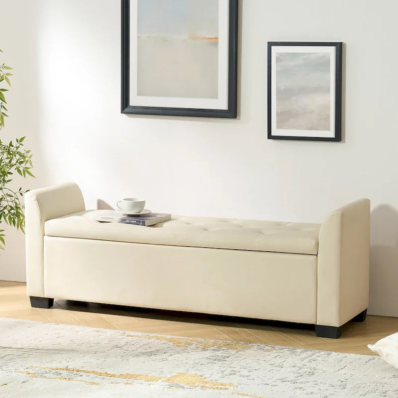 Banc de rangement capitonné ivoire avec accoudoirs évasés en PU, style de transition