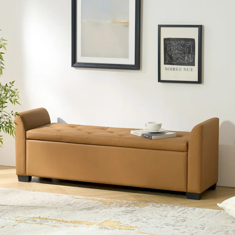 Banc de rangement capitonné ivoire avec accoudoirs évasés en PU, style de transition