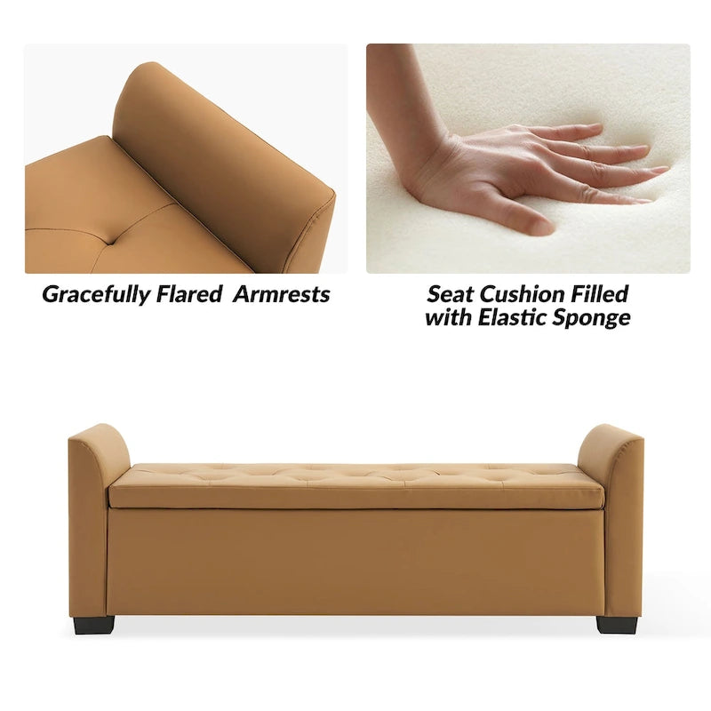 Banc de rangement capitonné ivoire avec accoudoirs évasés en PU, style de transition