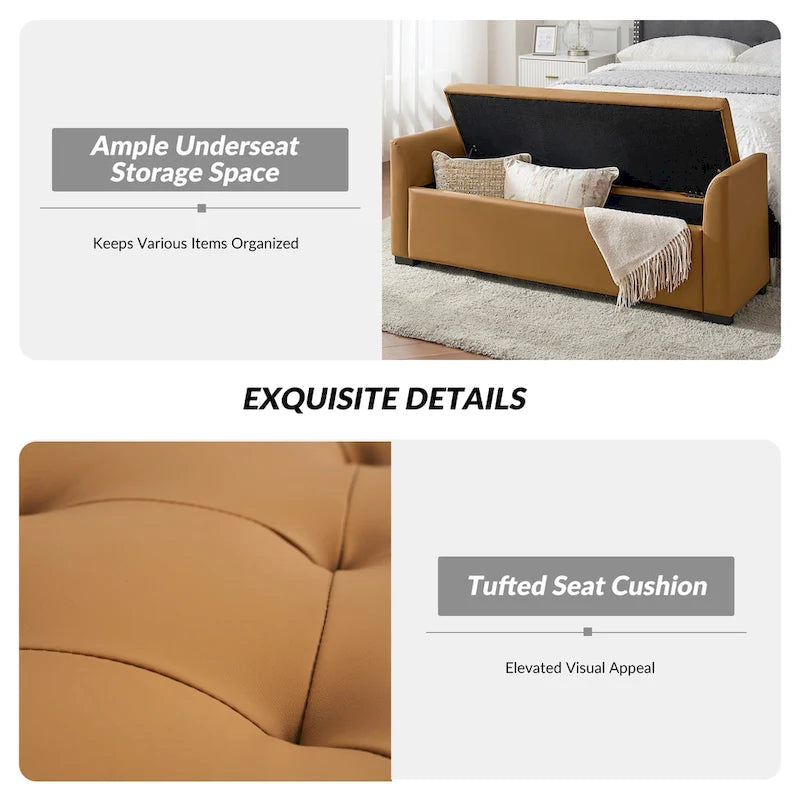 Banc de rangement capitonné ivoire avec accoudoirs évasés en PU, style de transition