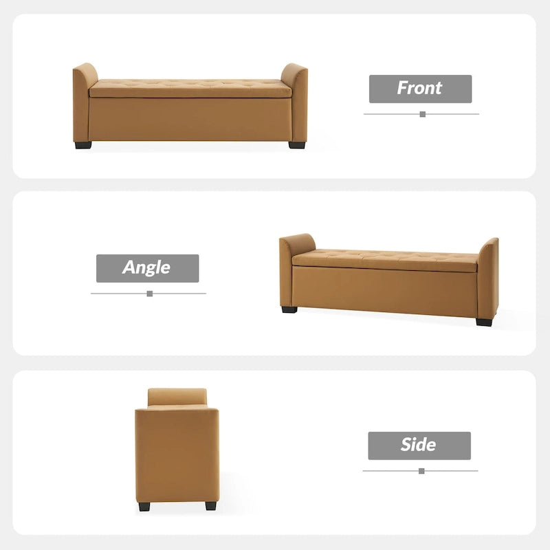 Banc de rangement capitonné ivoire avec accoudoirs évasés en PU, style de transition